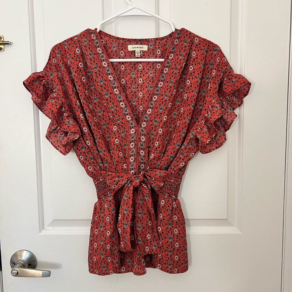 Floral Pink/Red Ruffle Sleeve Blouse